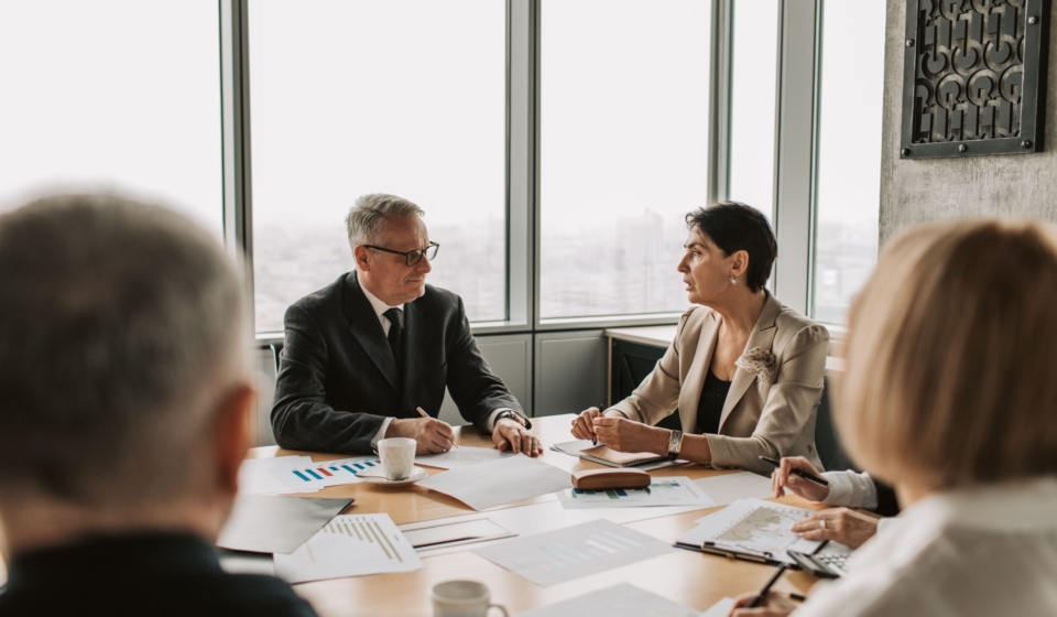 Business consultant reviewing paperwork with client